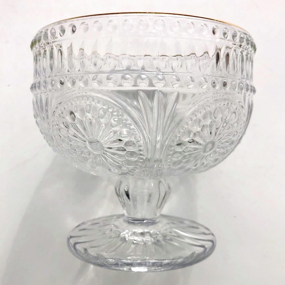 Clear Glass Footed Dessert Bowl Flower Embossed Trifle Ice Cream Bowl gold rim